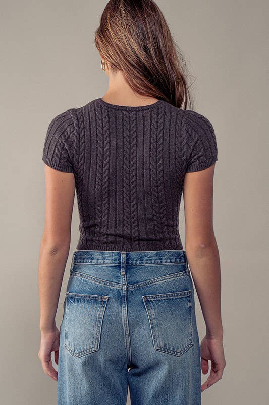 Cable Knit Cropped Slim Fit Short Sleeve Top