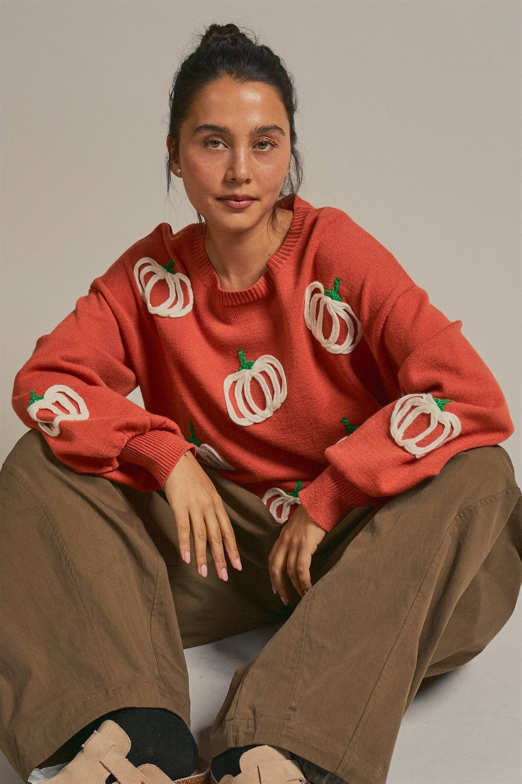 Pumpkin Embroidered Crew Neck Sweater in RUST - Women's Sweaters | Urban Daizy