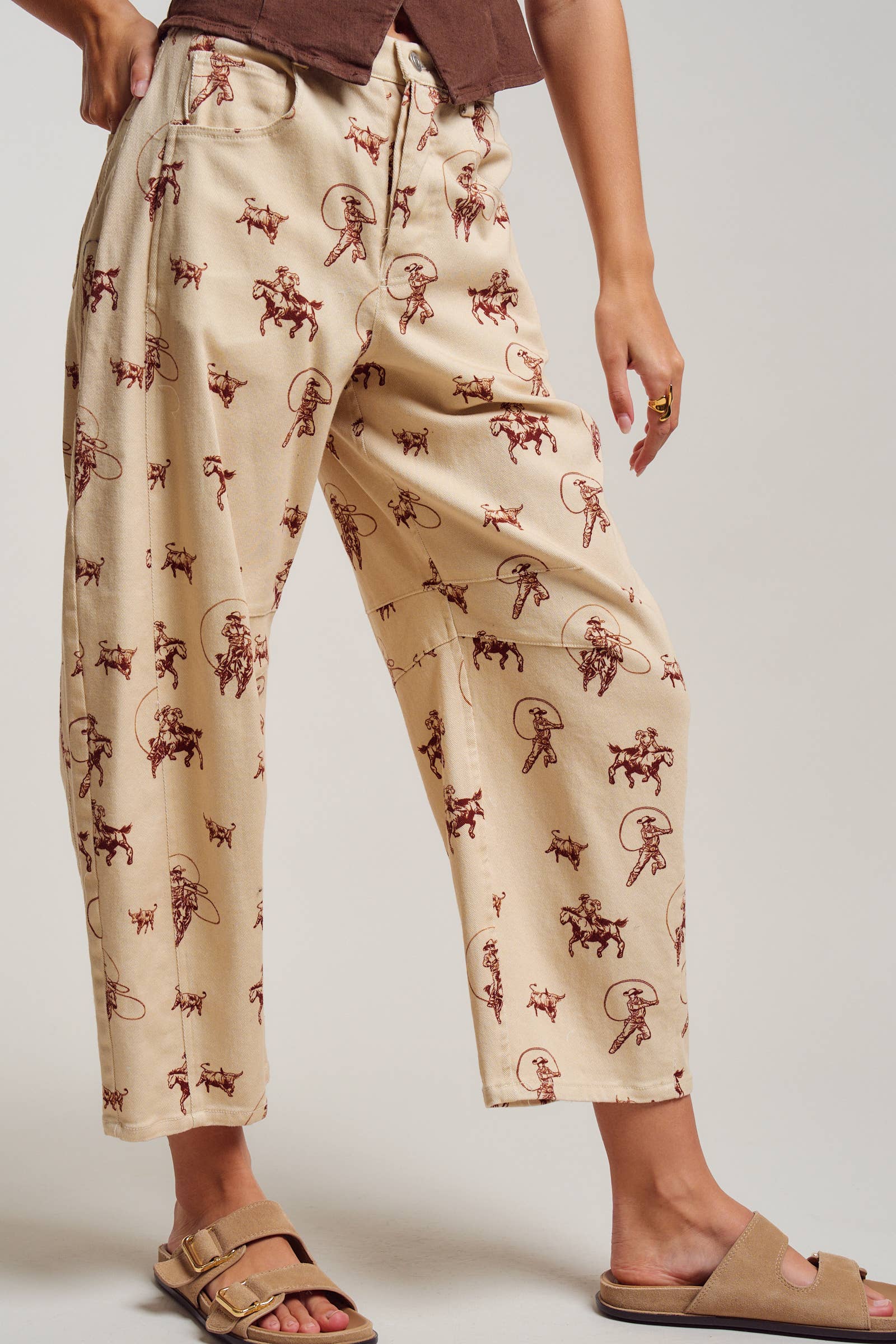 Urban Daizy Western Toile Print Barrel Leg Stretch Pants Lt-Khaki Pants - Women's (UDPT0076-Lt-Khaki) – alternate view 4