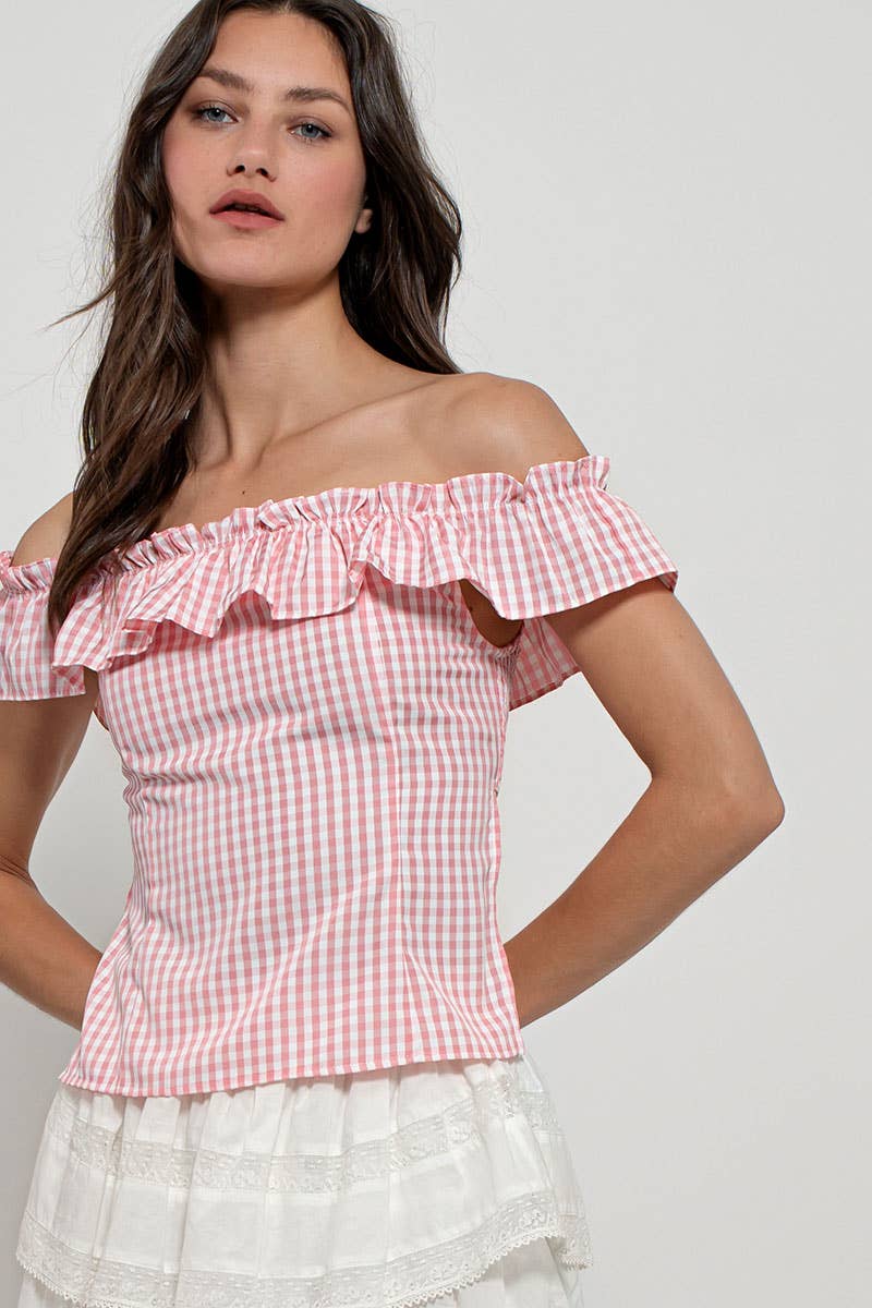 Urban Daizy Gingham Ruffle Off-Shoulder Crop Top Pink Blouse - Women's (UDZ-TP-01034) – alternate view 8