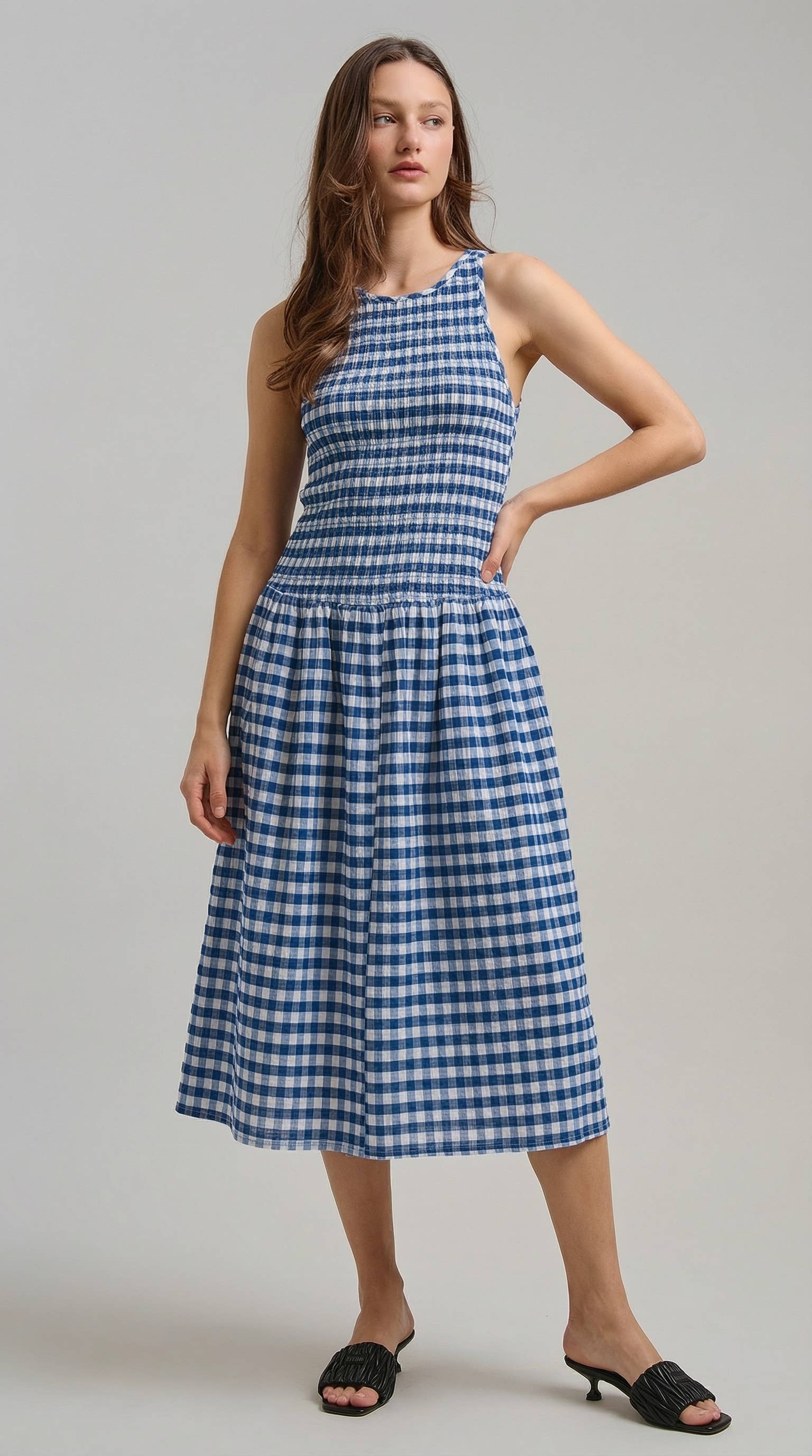 Urban Daizy Gingham Smocked Midi Dress Black Dress - Women's (TNDR1636-Black) – alternate view 9