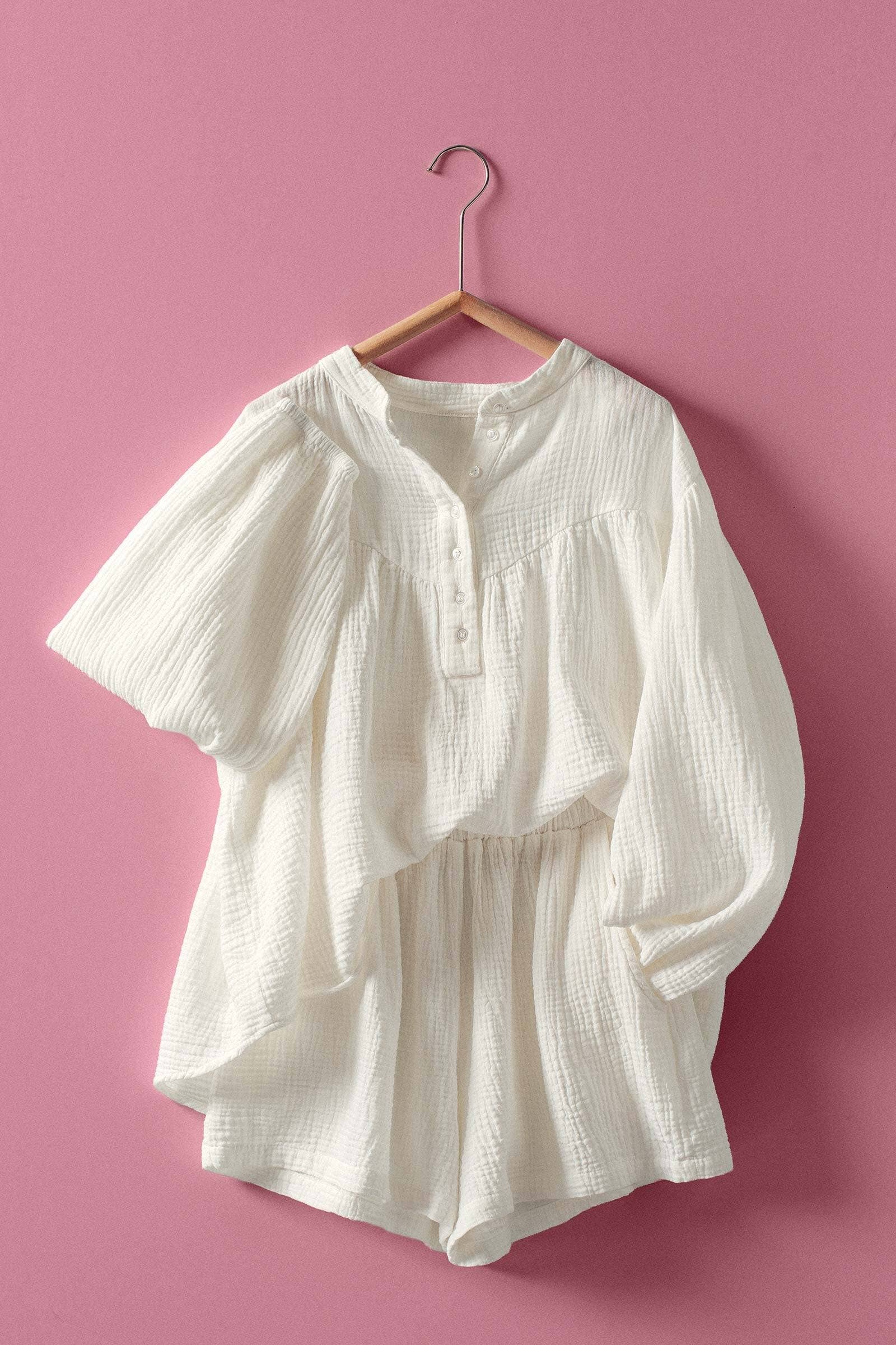 Garment Dyed Cotton Gauze Button Down Top And Shorts Set