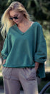 Relaxed Vintage V-Neck Oversized Sweatshirt in EMERALD GREEN - Women's Sweatshirts & Hoodies | Urban Daizy