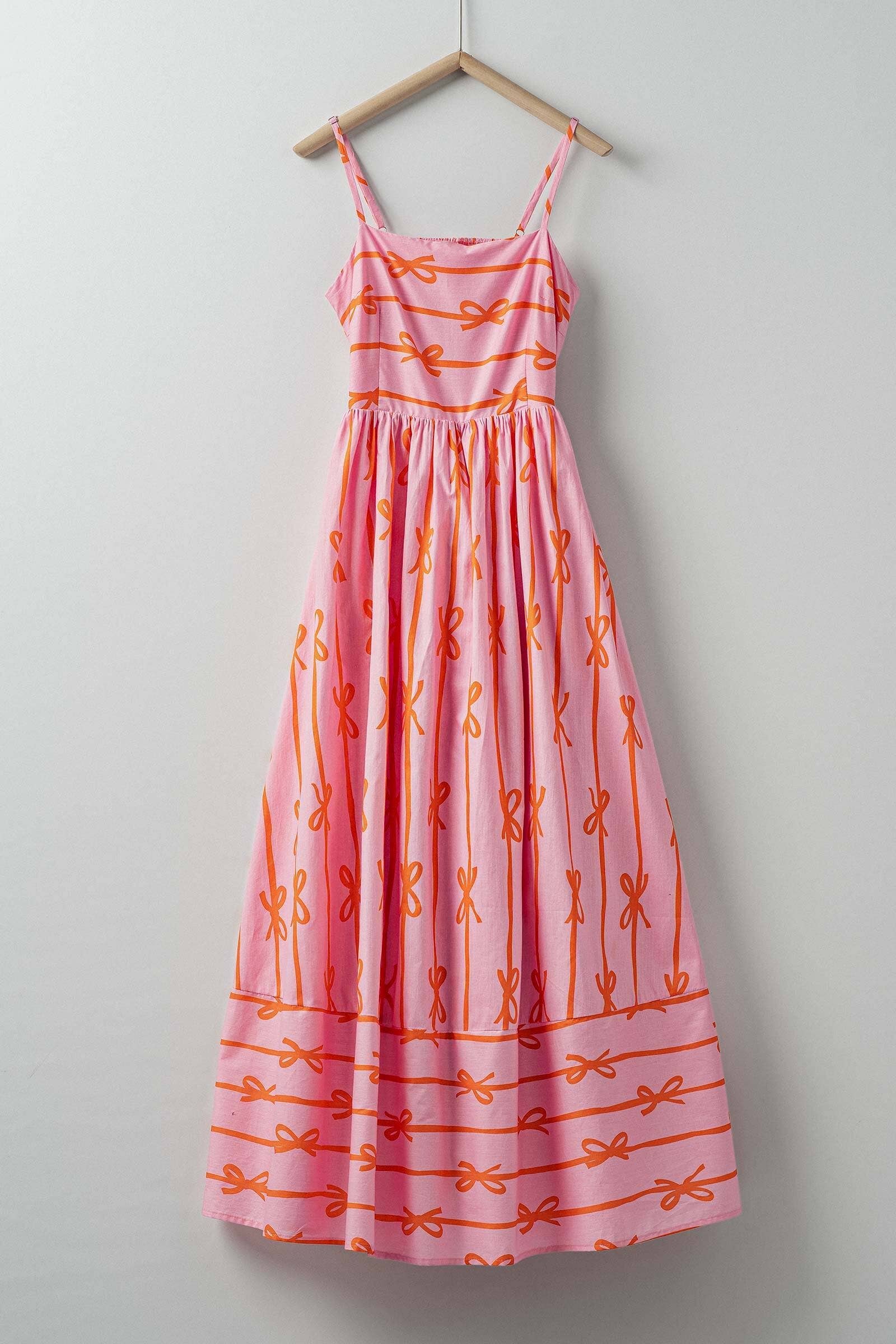 Sweet Ribbon Stripe Bow Print Smocked Back Maxi Dress