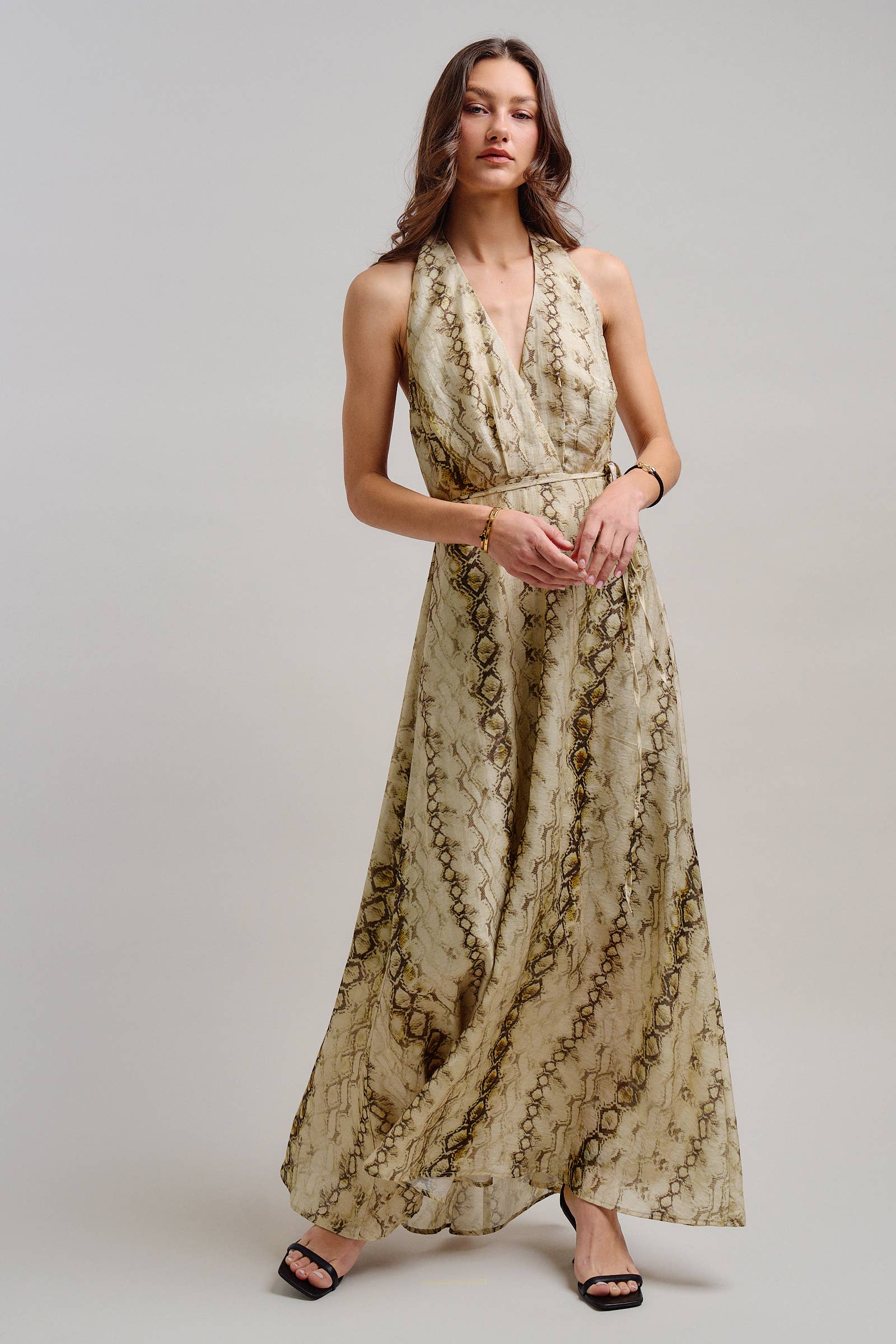 Snake Print Tencel Linen Halter Maxi Dress
