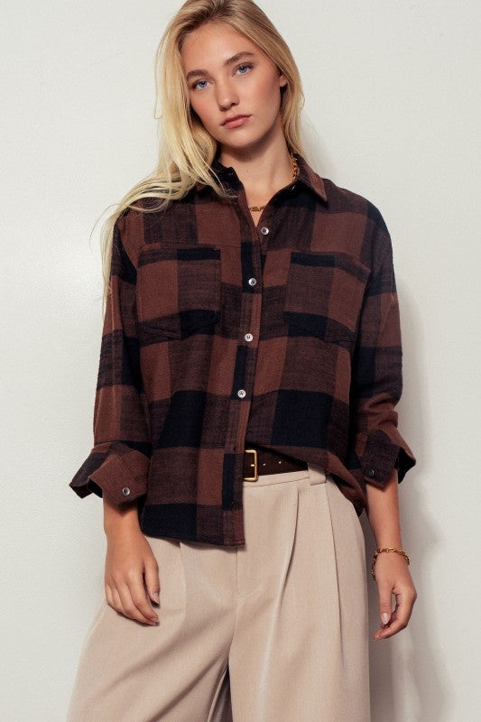 Buffalo Plaid Flannel Shirt Button Up Western Boho Top in BLACK - Women's Shirts & Blouses | Urban Daizy