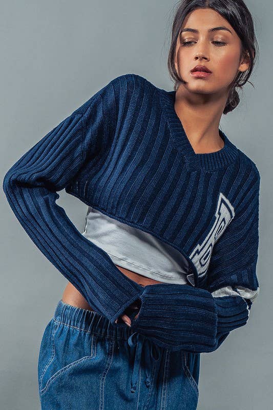 Urban Daizy Cropped Ribbed Knit V-Neck Sweater H-Grey Knit Top - Women's (UDZ-TP-00637) – alternate view 19
