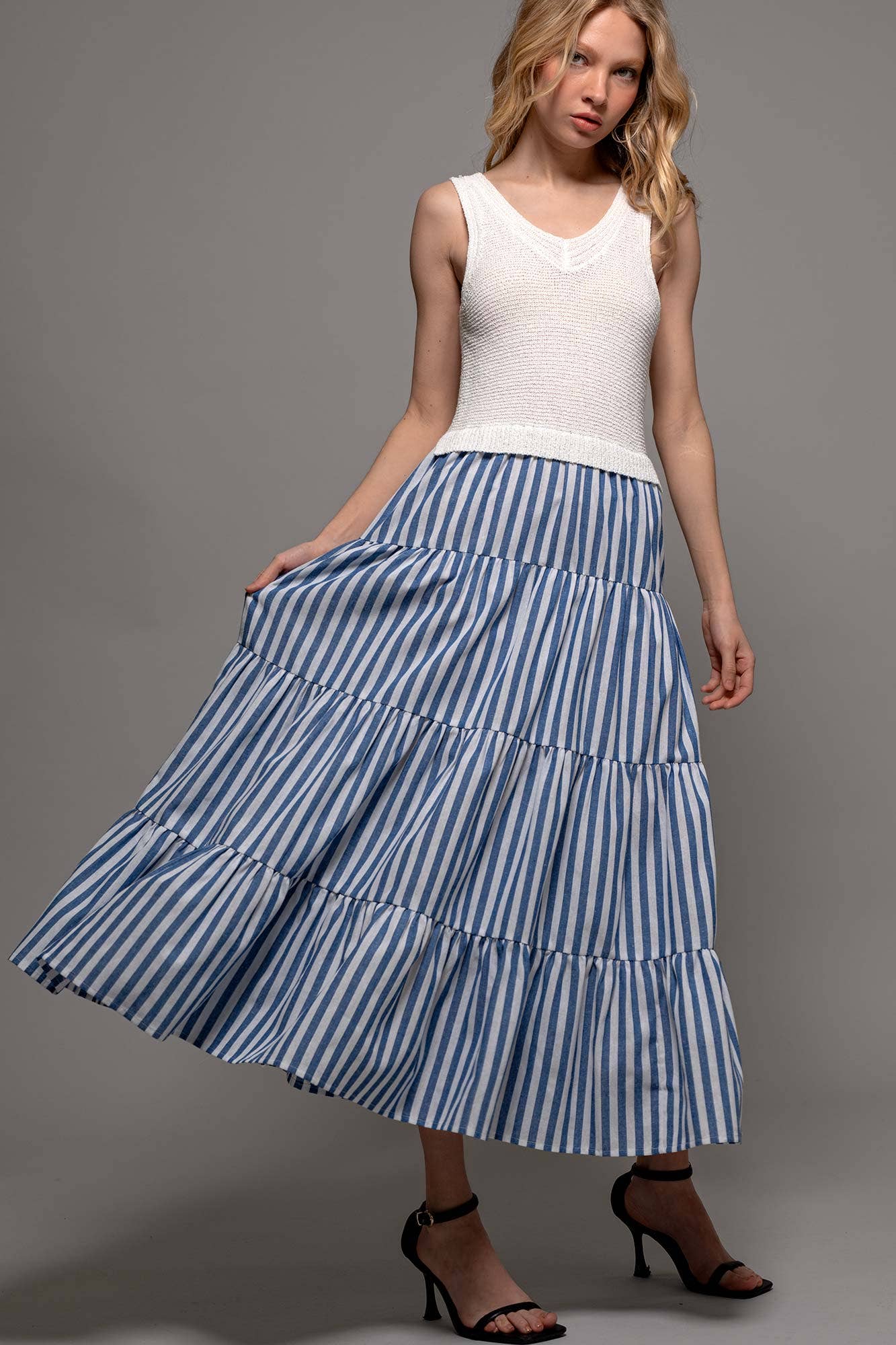 Urban Daizy Ribbed Bodice Striped Tiered Spring Maxi Dress Blue Dress - Women's (UDZ-DR-00178) – alternate view 14