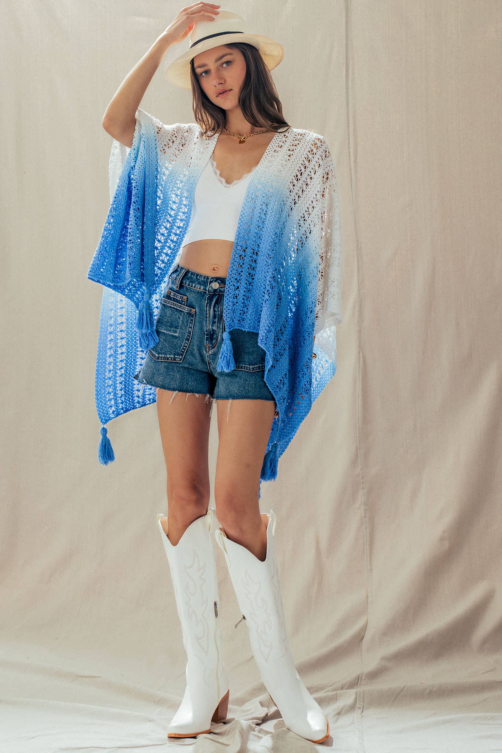 Urban Daizy Ombre Crochet Knit Poncho Tassel Cover-Up Sage Poncho - Women's (UDZ-OT-00492) – alternate view 13