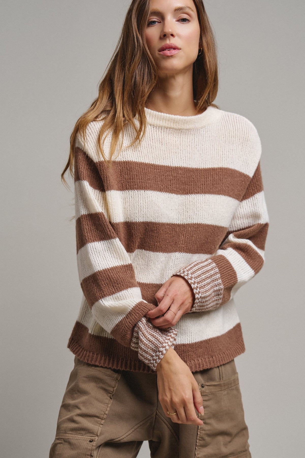 Striped Oversized Chunky Knit Sweater in BROWN - Women's Sweaters | Urban Daizy