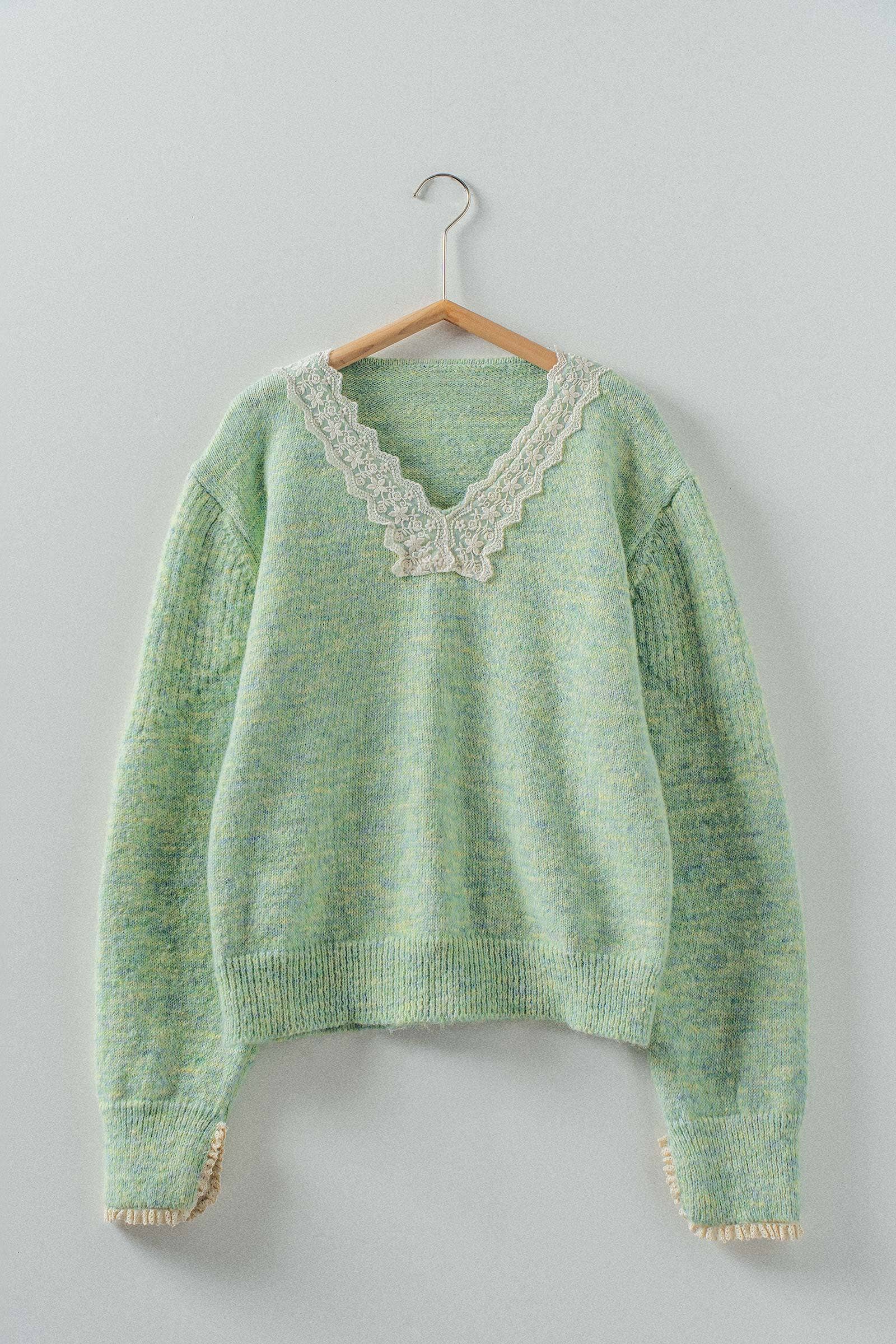 Lace Trim V-Neck Heathered Knit Sweater