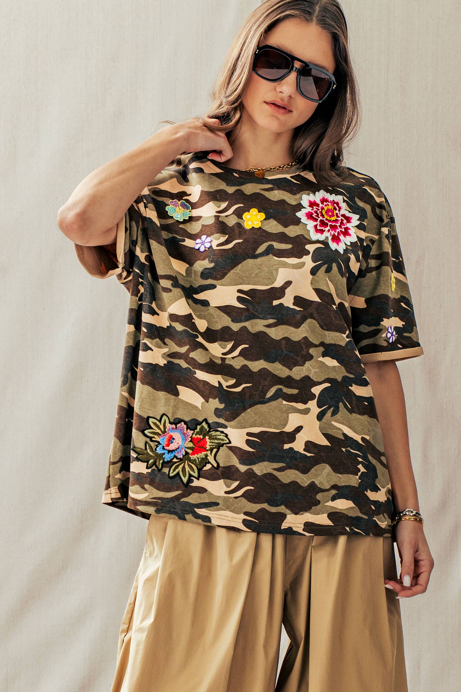 Urban Daizy Camo Floral Patch Oversized Cotton Tee Camouflage T-Shirt - Women's (UDZ-TP-01054)