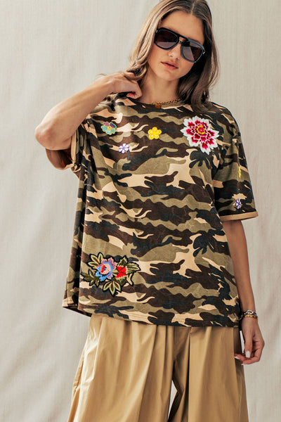 Camo Floral Patch Oversized Cotton Tee