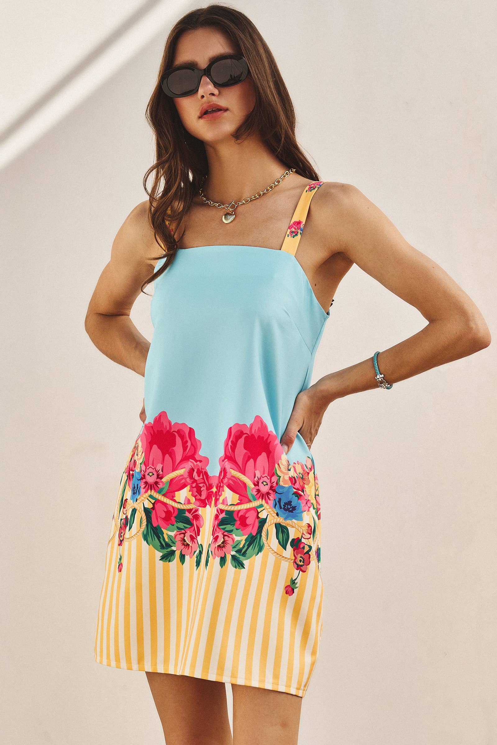 Floral & Stripe Mixed Print Satin Mini Dress
