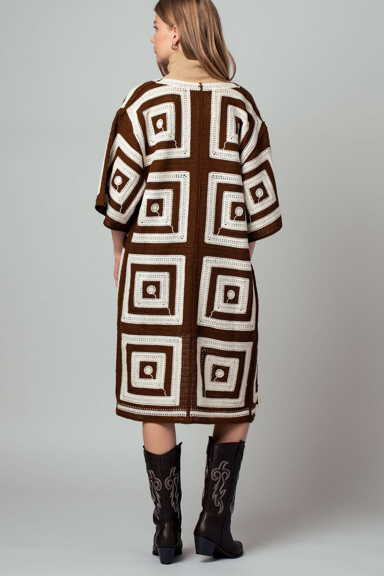 Geometric Granny Square Crochet Open Front Cardigan