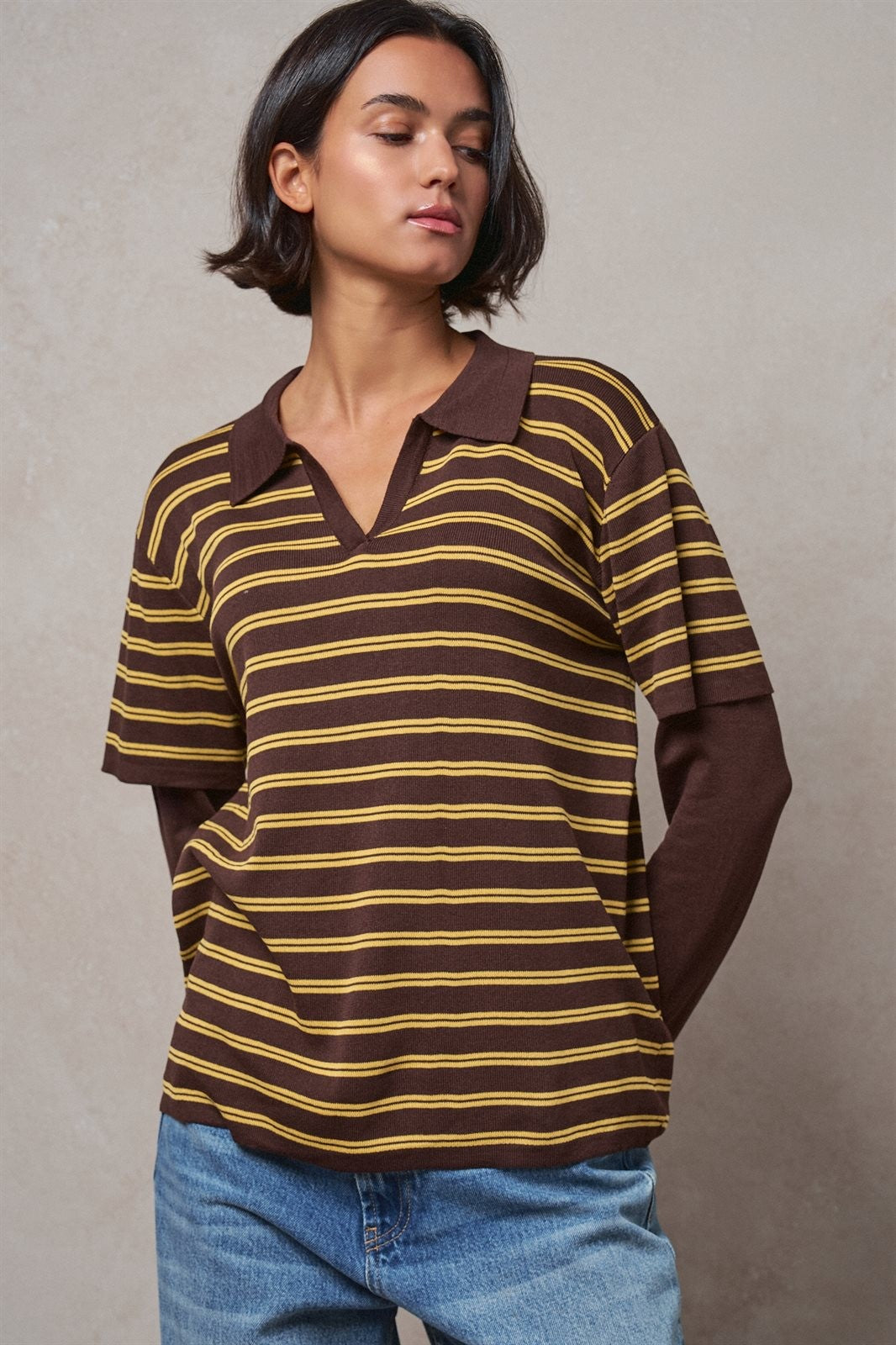 Striped Collared Layered Polo Top in BROWN - Women's Sweaters | Urban Daizy