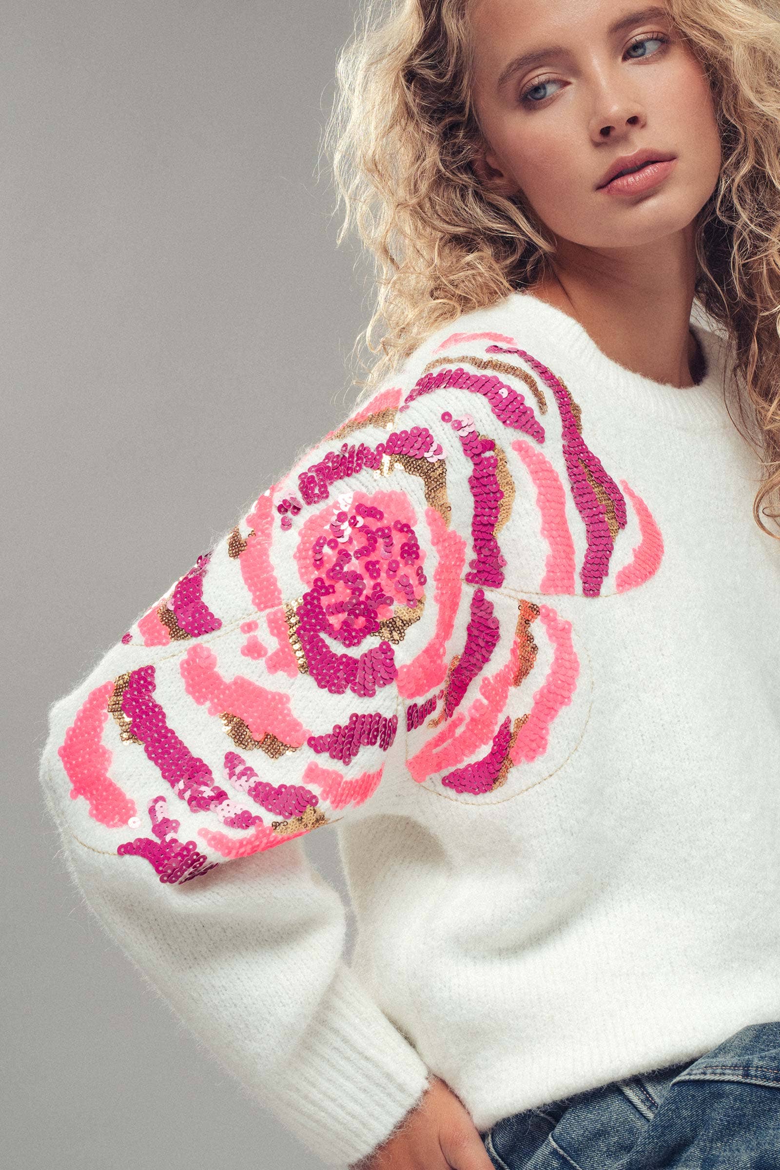 Sequin Floral Fuzzy Knit Sweater