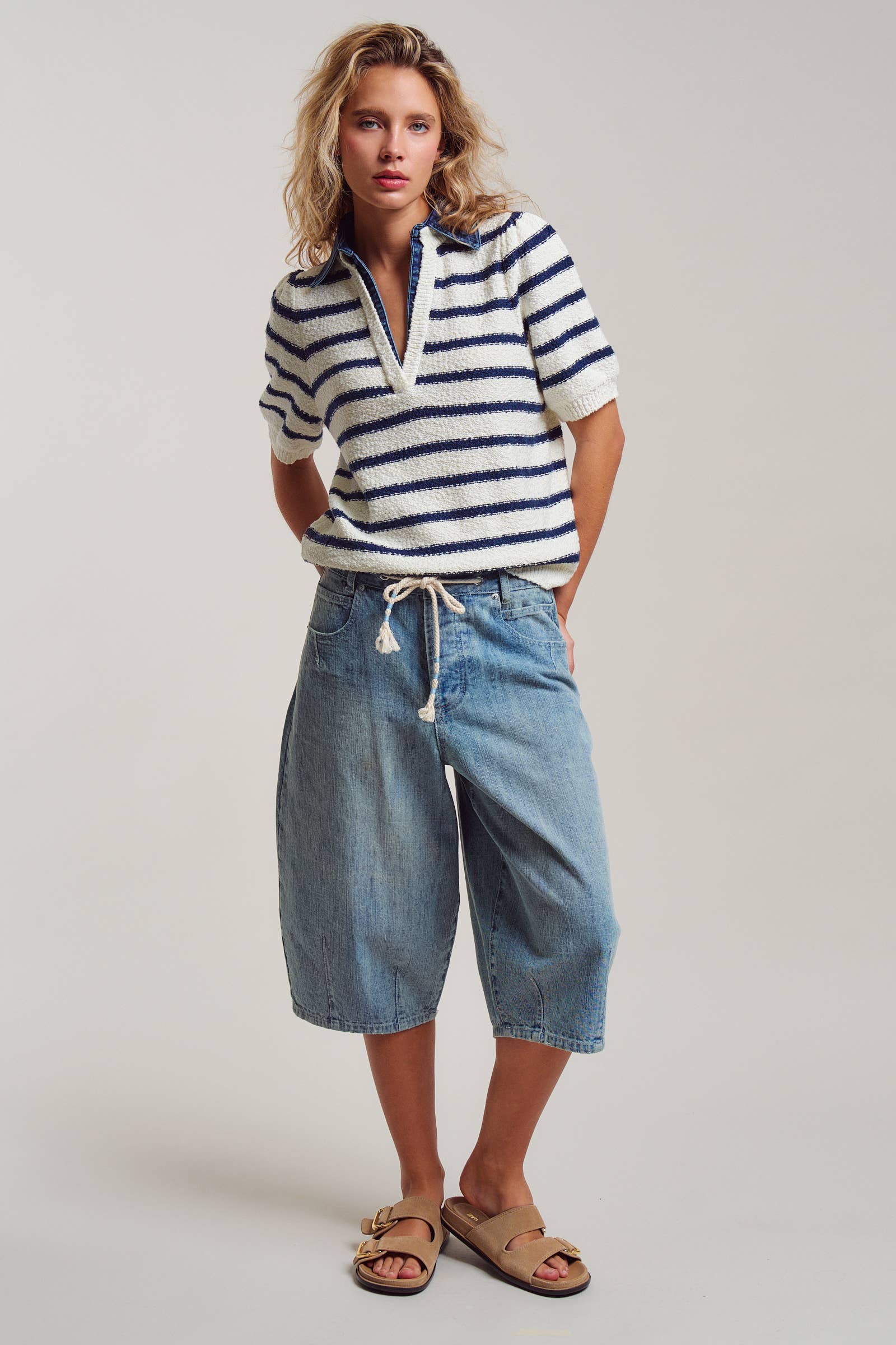 Urban Daizy Denim Collar Striped Textured Knit Puff Sleeve Polo Ivory-Blue Polo - Women's (UDTP1433-Ivory-Blue) – alternate view 10