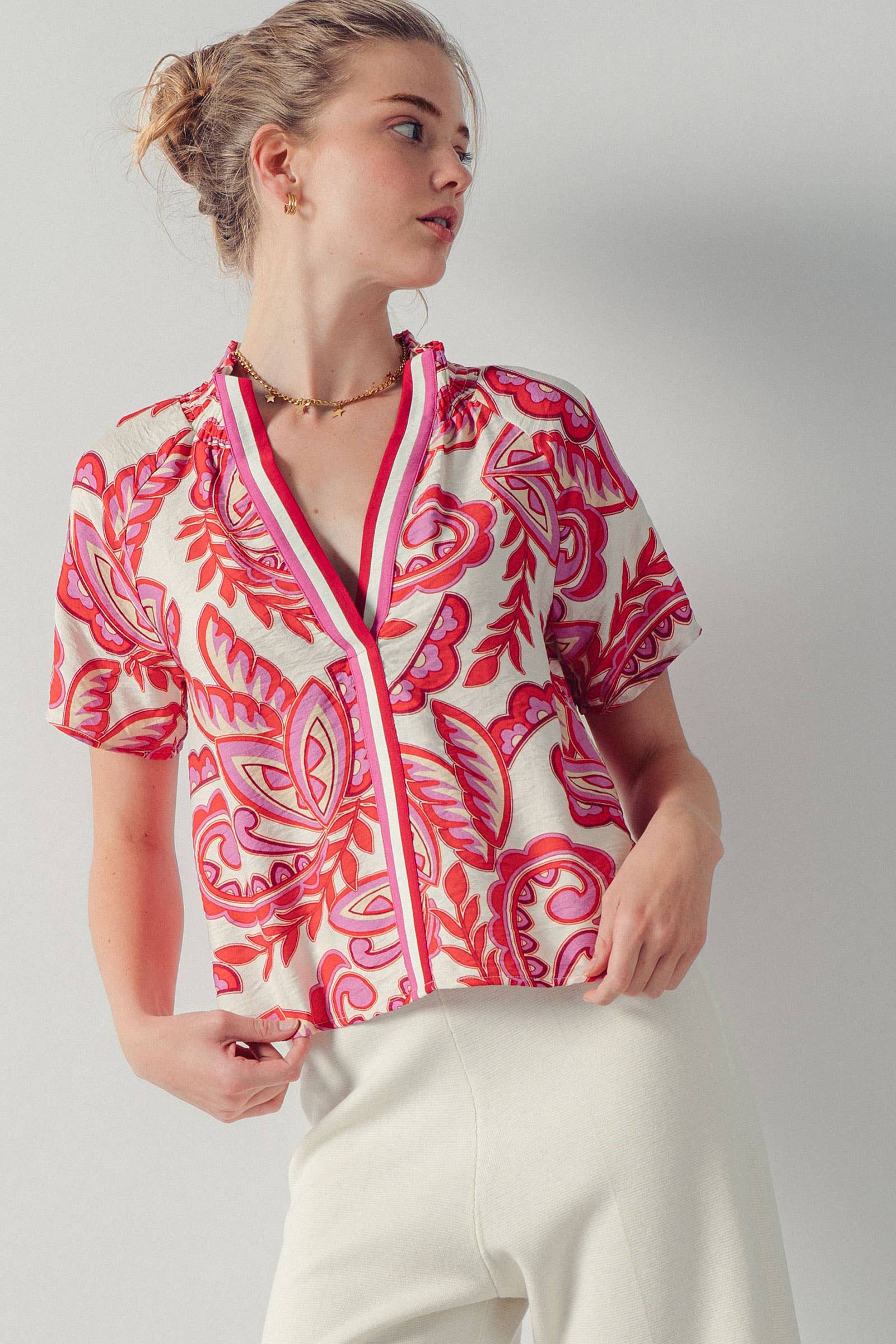 Paisley Smocked High-Neck V-Neck Blouse