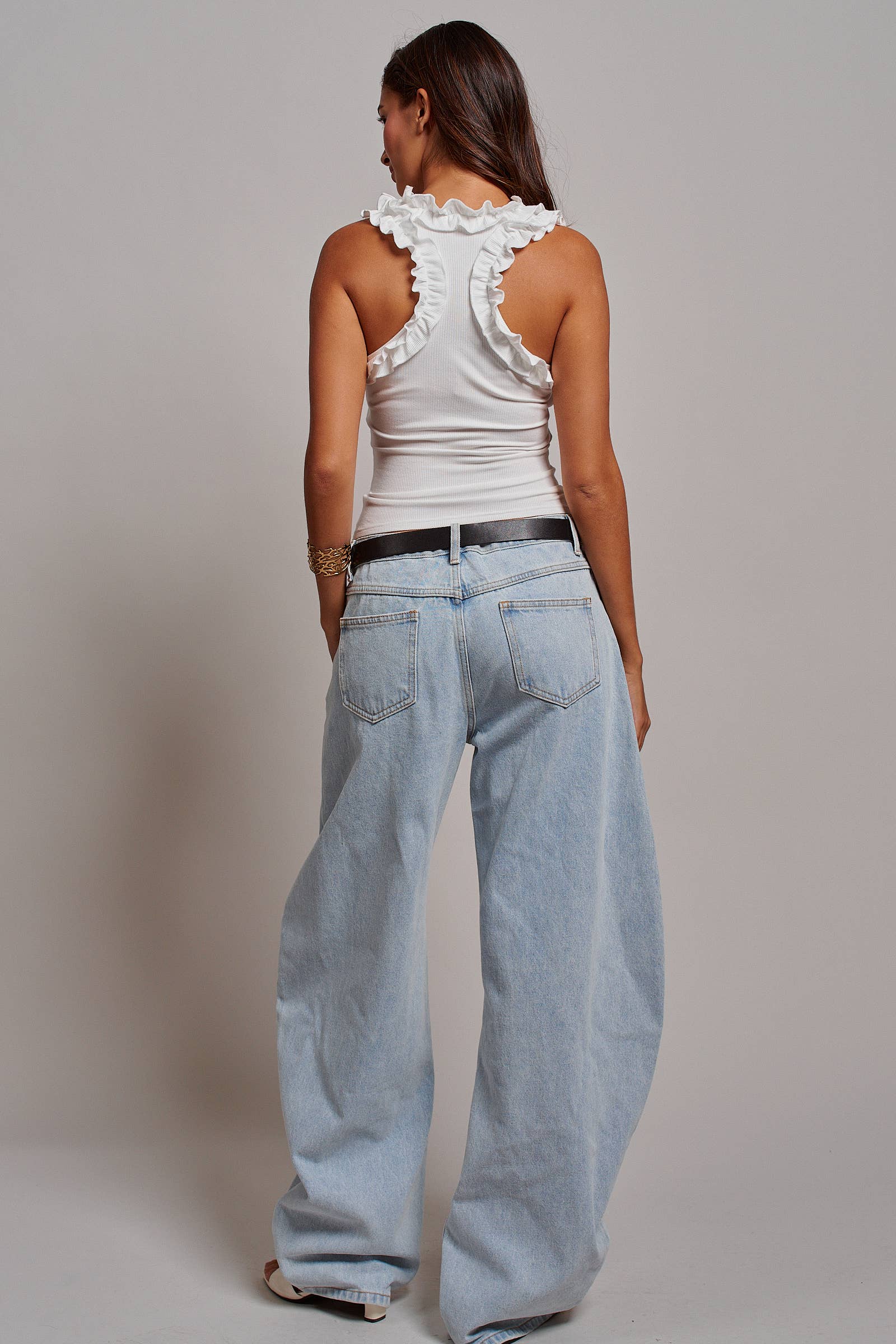 Ruffle Trim Ribbed Rayon Racerback Tank Top