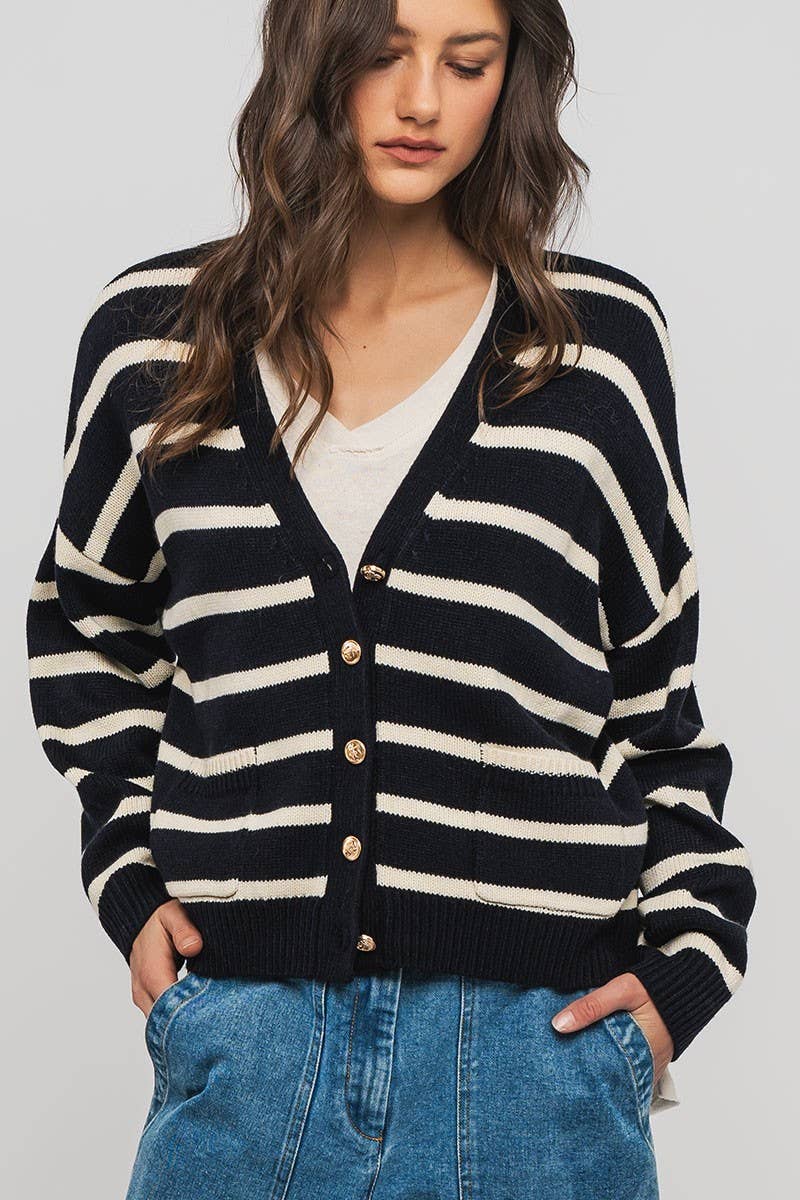 Urban Daizy Striped Cropped V Neck Embellished Button Cardigan Navy Ivory Cardigan - Women's (UDZ-KN-00501)
