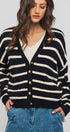 Urban Daizy Striped Cropped V Neck Embellished Button Cardigan Navy Ivory Cardigan - Women's (UDZ-KN-00501)
