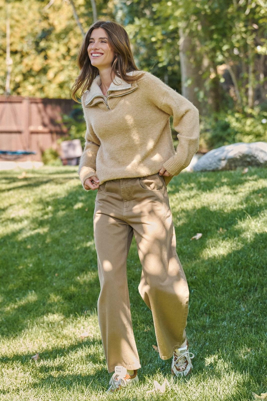 Wool Blend Half Zip Sweater with Double Collar in CAMEL - Women's Sweaters | Urban Daizy