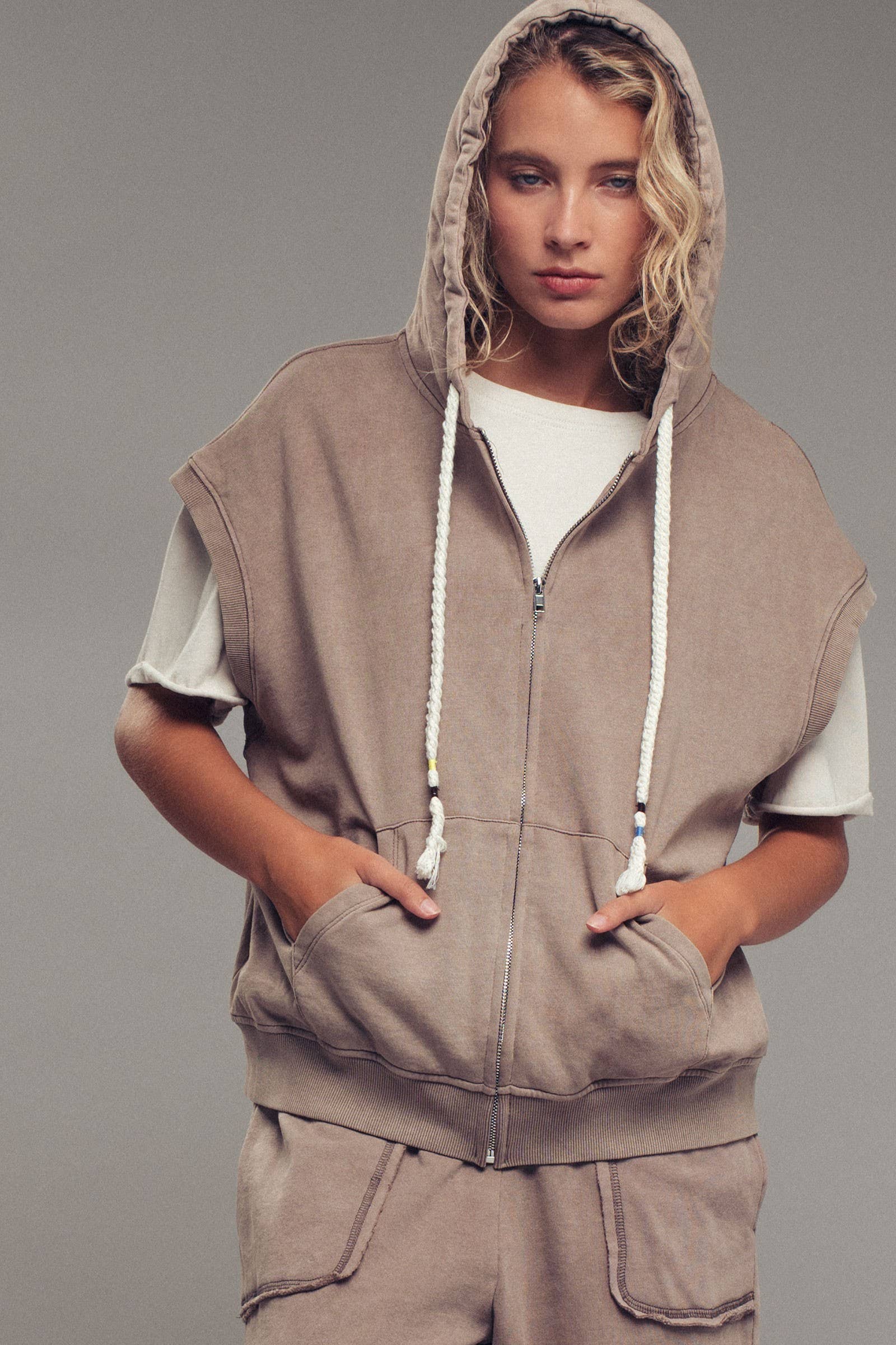 Vintage-Wash Sleeveless Terry Hoodie