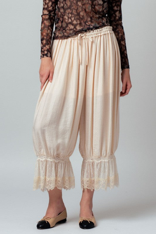 Boho Lace Trim Summer Linen Pants in IVORY - Women's Pants | Urban Daizy