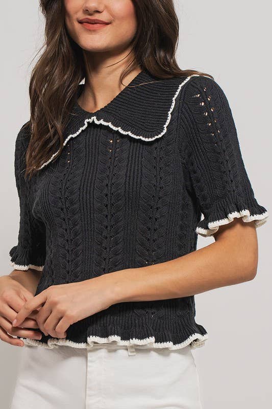 Urban Daizy Crochet Knit Ruffled Top Black Knit Top - Women's (UDZ-TP-00721) – alternate view 19