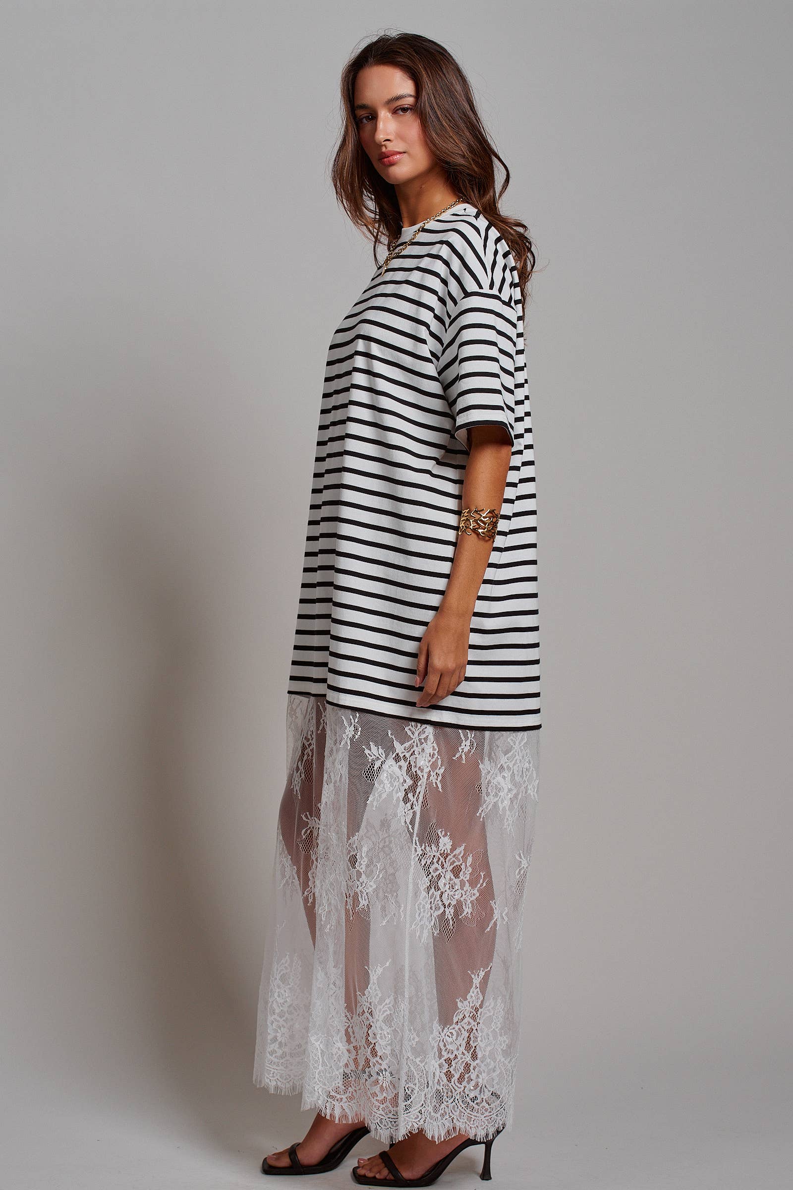 Mixed-Media T-Shirt Dress with Sheer Lace Skirt