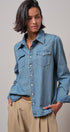 Western Pearl Snap Denim Button-Down Shirt in DENIM BLUE - Women's Shirts & Blouses | Urban Daizy