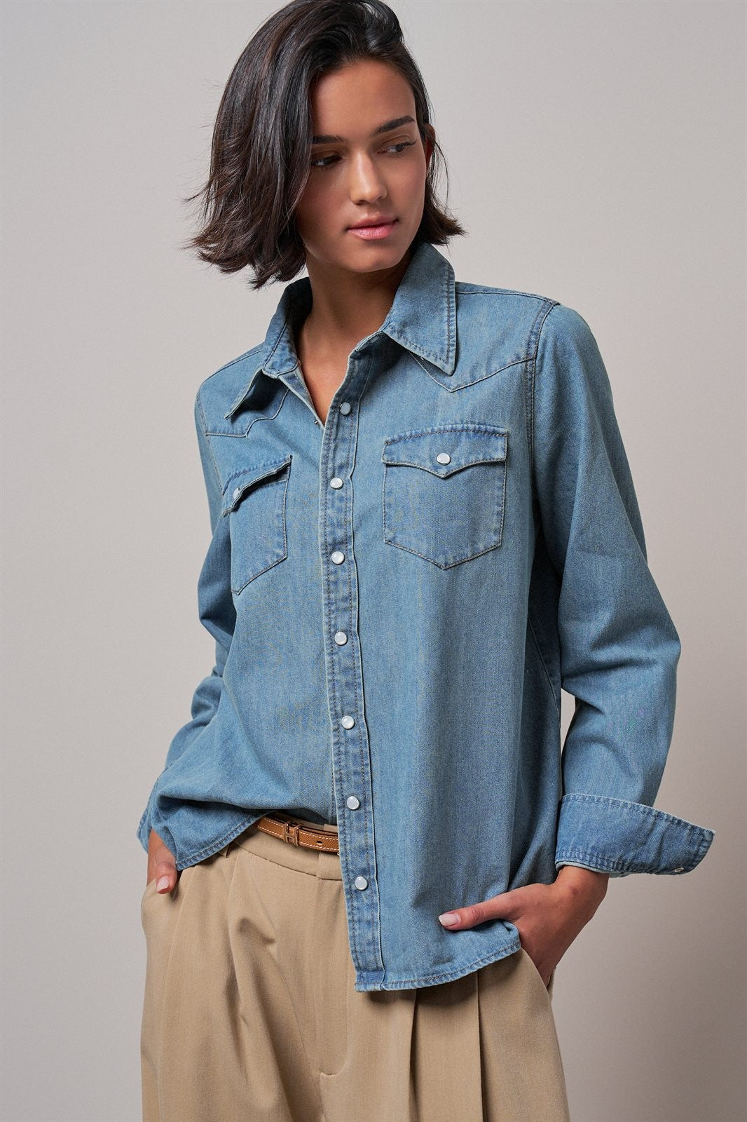 Western Pearl Snap Denim Button-Down Shirt in DENIM BLUE - Women's Shirts & Blouses | Urban Daizy