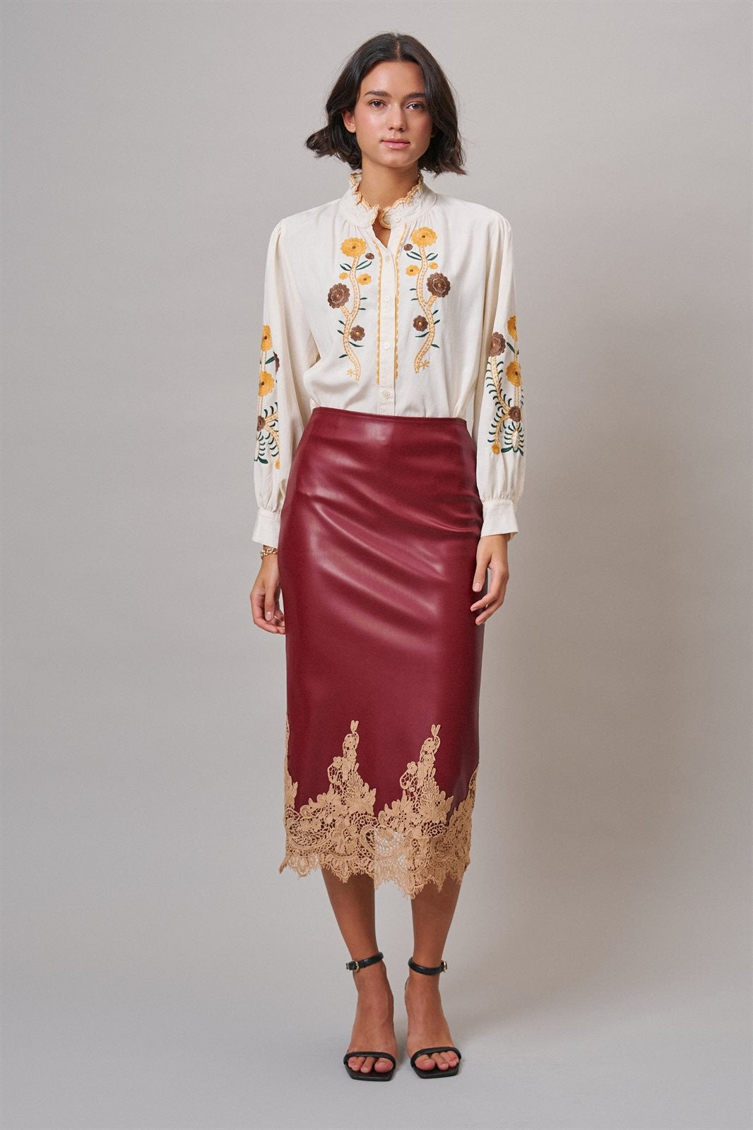 Faux Leather Lace Trim Midi Pencil Skirt in BURGUNDY - Women's Midi Skirts | Urban Daizy