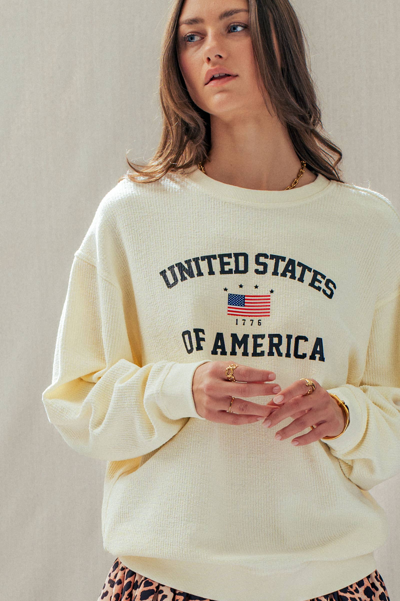 Urban Daizy United States 1776 Waffle Knit Cotton Pullover Peach Graphic Sweatshirt - Women's (TNTP3994) – alternate view 9
