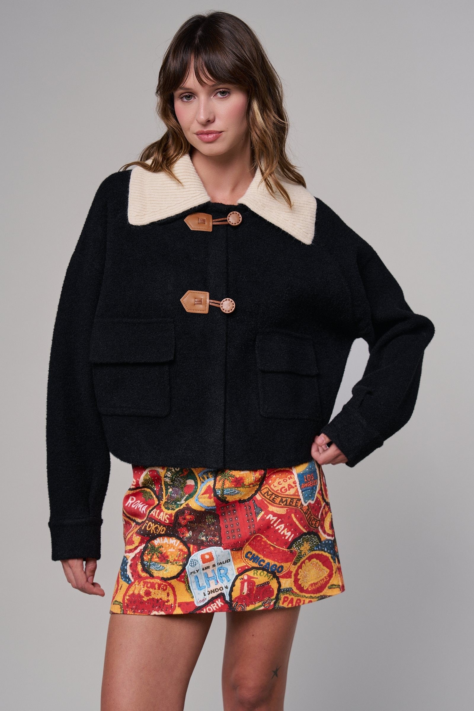 Toggle Front Sweater Jacket with Contrast Collar in BLACK - Women's Jackets & Blazers | Urban Daizy