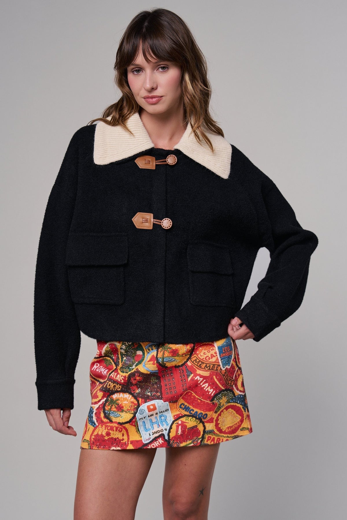 Toggle Front Sweater Jacket with Contrast Collar in BLACK - Women's Jackets & Blazers | Urban Daizy