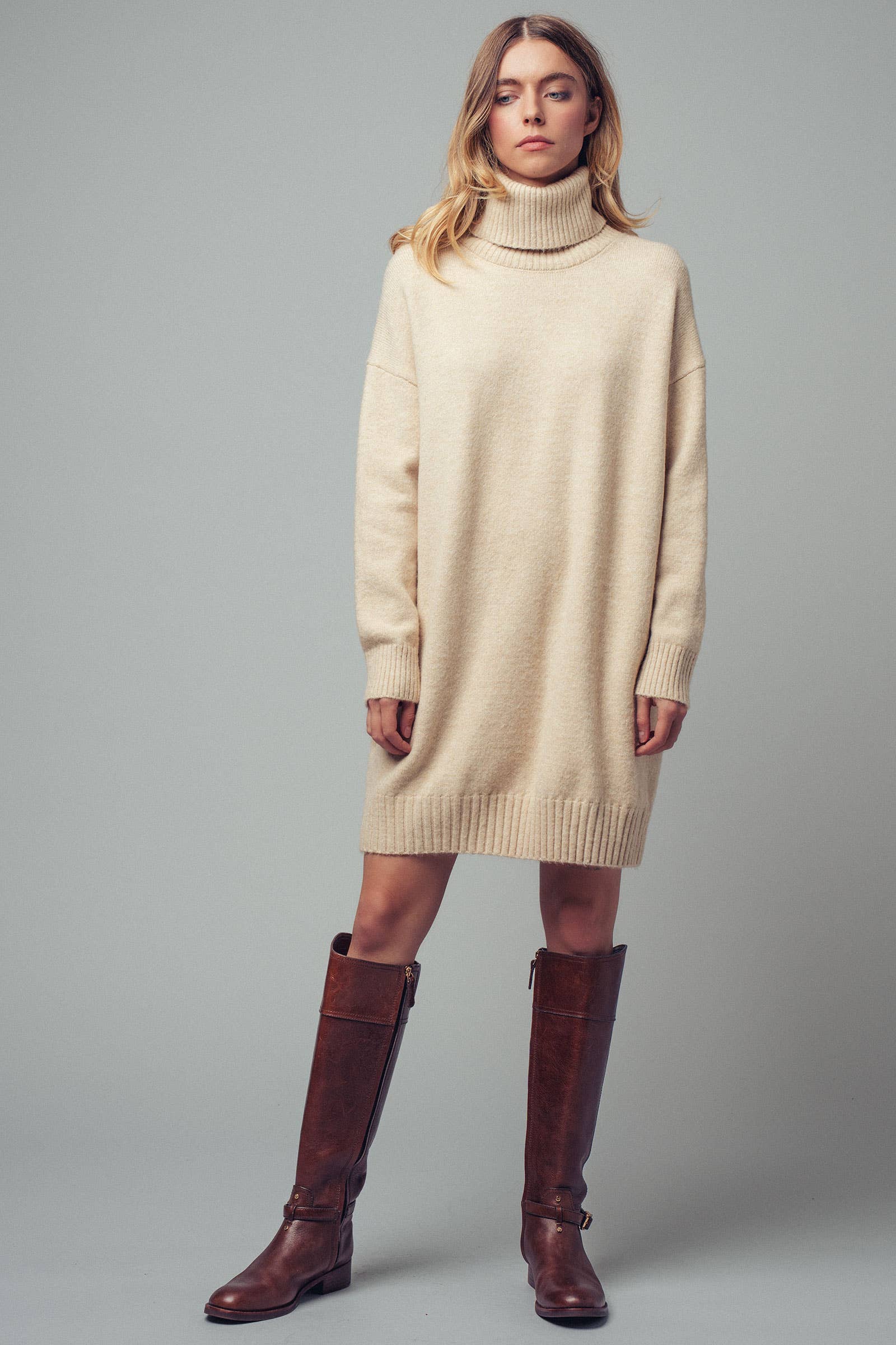 Oversized Turtleneck Ribbed Knit Sweater Dress