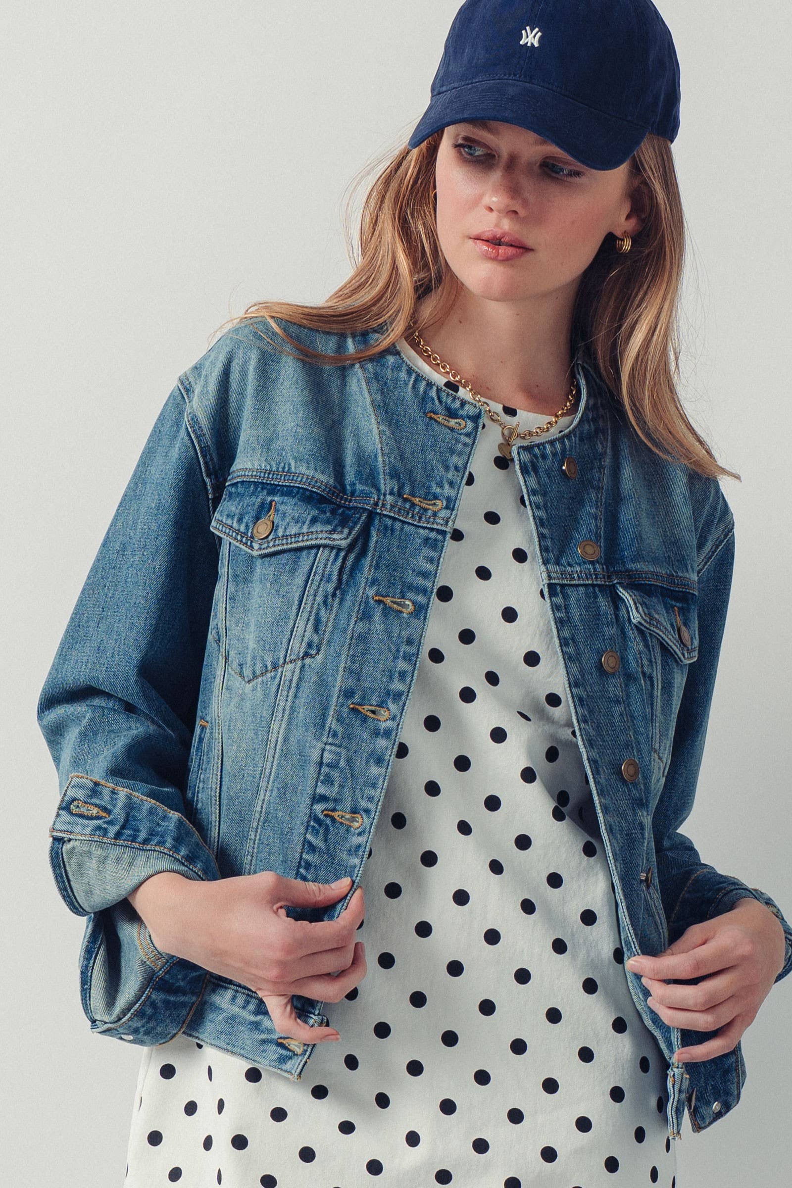 Urban Daizy Collarless Wash Denim Chore Jacket Denim Denim Jacket - Women's (UDOW0294-Denim) – alternate view 2