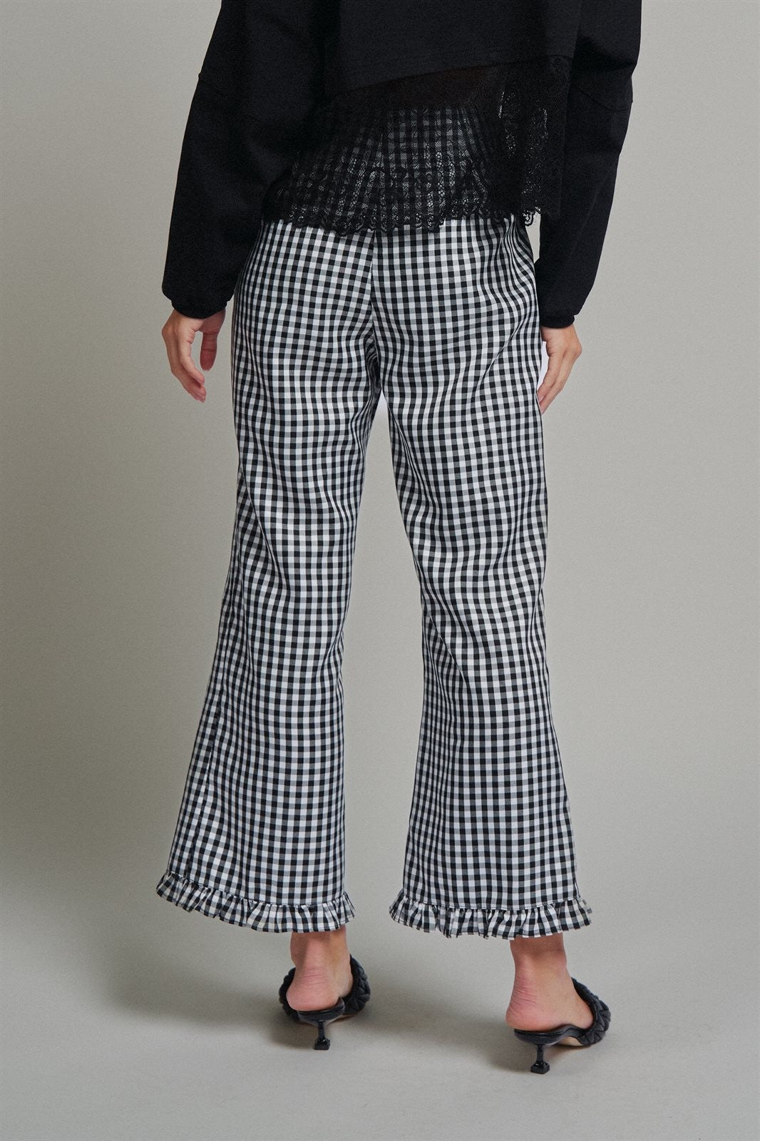 Gingham Ruffle Hem Cropped Wide Leg Pants in Brown in BLACK - Women's Casual Pants | Urban Daizy