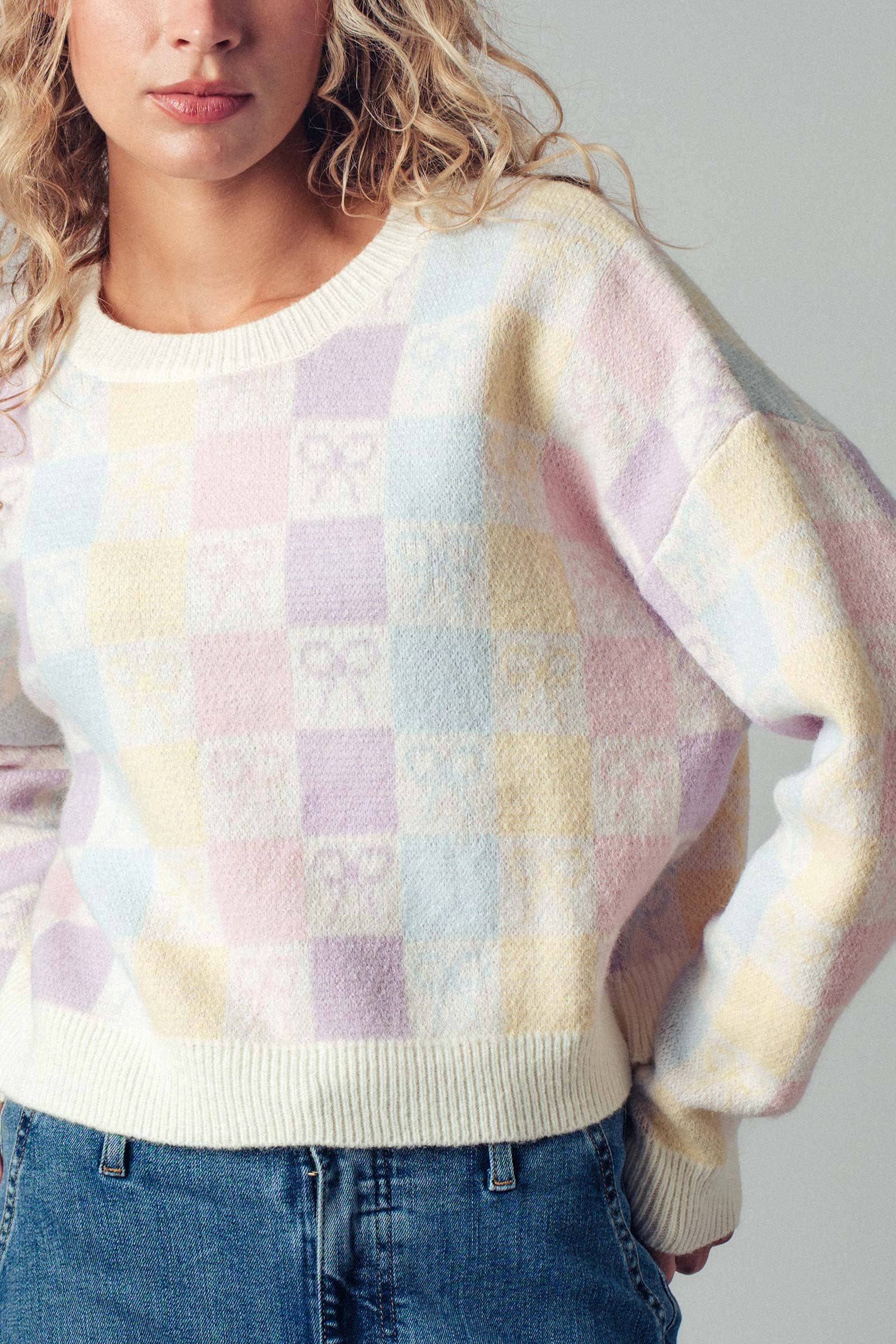Urban Daizy Pastel Checkered Coquette Bow Knit Sweater Pastel Knit Sweater - Women's (UDZ-KN-00553) – alternate view 6