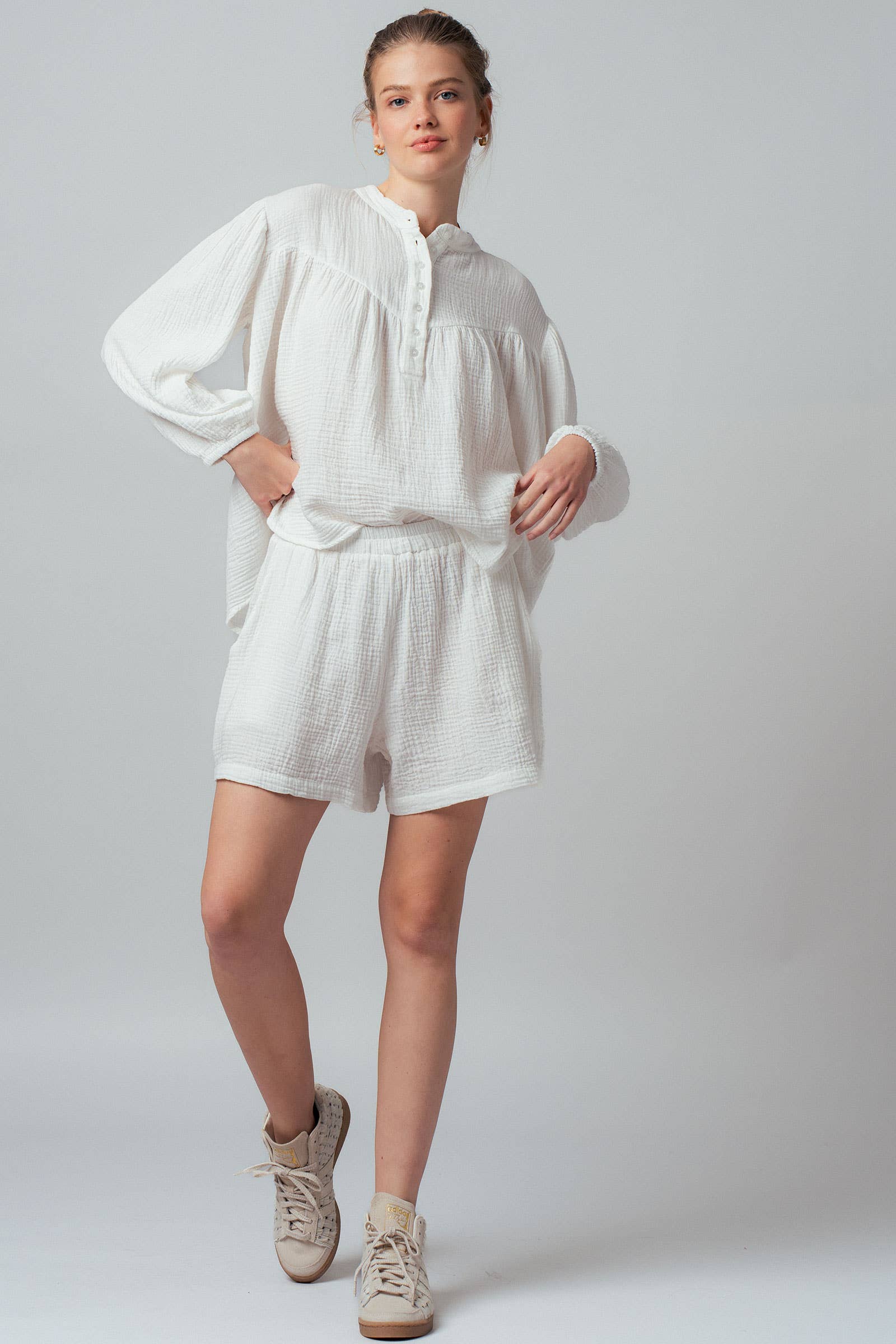Garment Dyed Cotton Gauze Button Down Top And Shorts Set