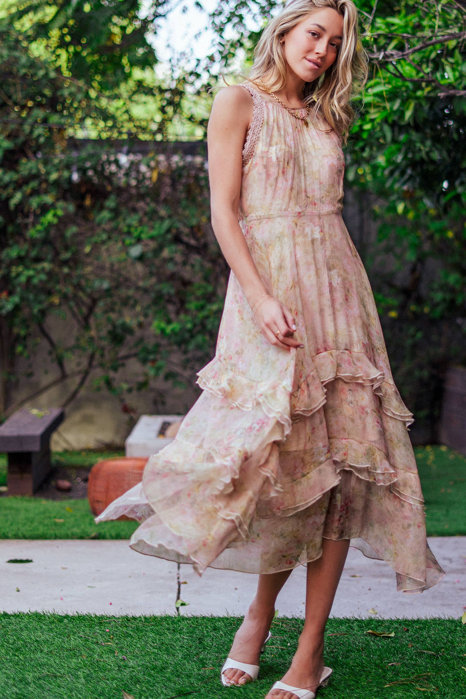 Floral Waterfall Ruffle Midi Dress Crochet Trim