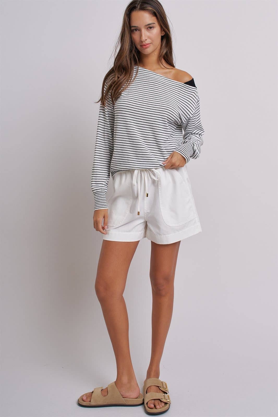 Urban Daizy Asymmetrical Striped One-Shoulder Top Ivory-Black Knit Top - Women's (UDZ-TP-01085-Ivory-Black) – alternate view 9