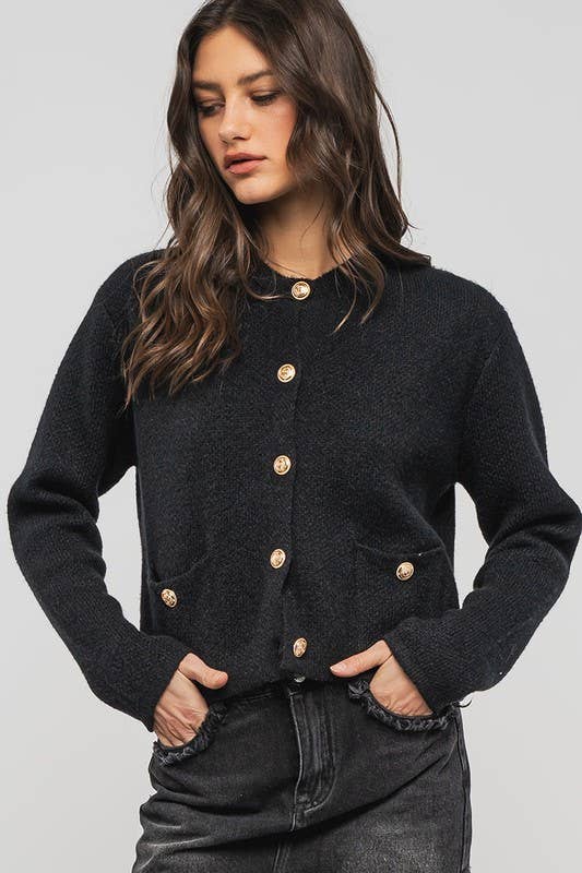 Urban Daizy Textured Button Front Cropped Knit Cardigan Beige Knit Top - Women's (UDZ-TP-00751) – alternate view 3