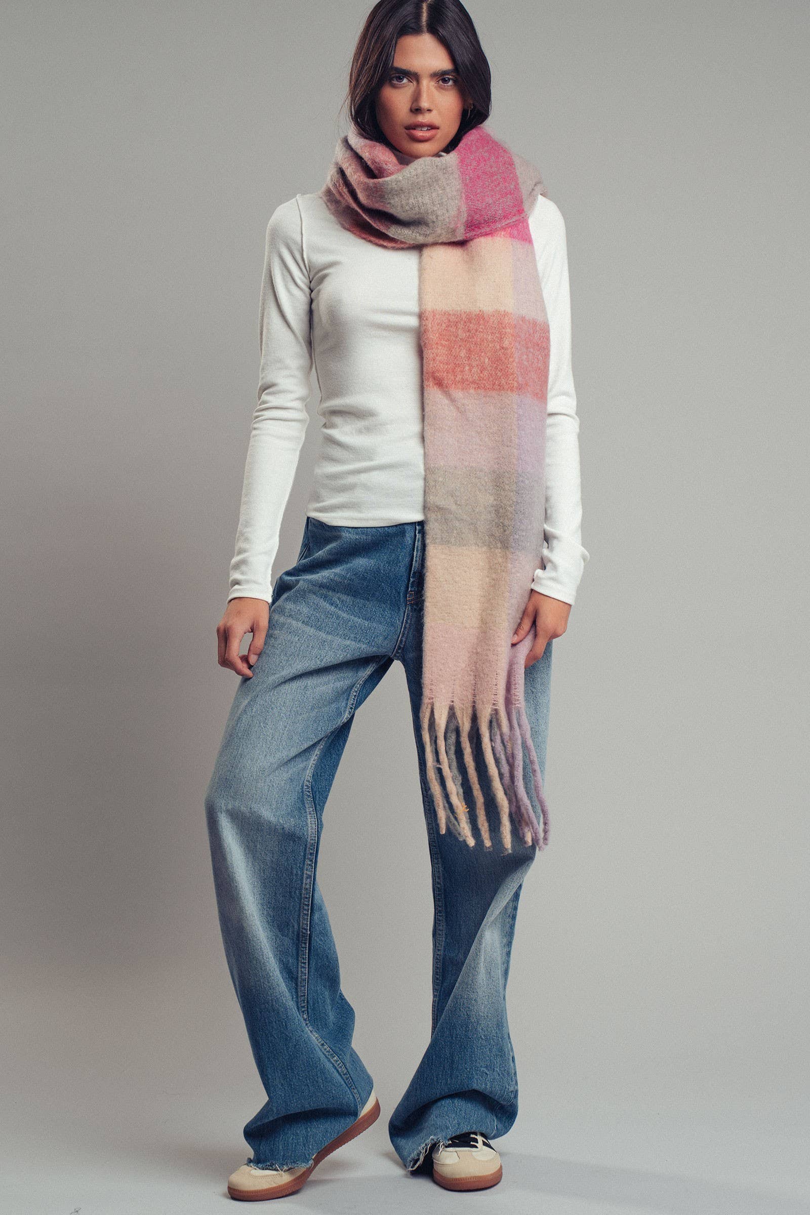 Urban Daizy Plush Oversized Colorblock Plaid Scarf Pink Scarf - Women's (UDZ-KN-00657) – alternate view 9
