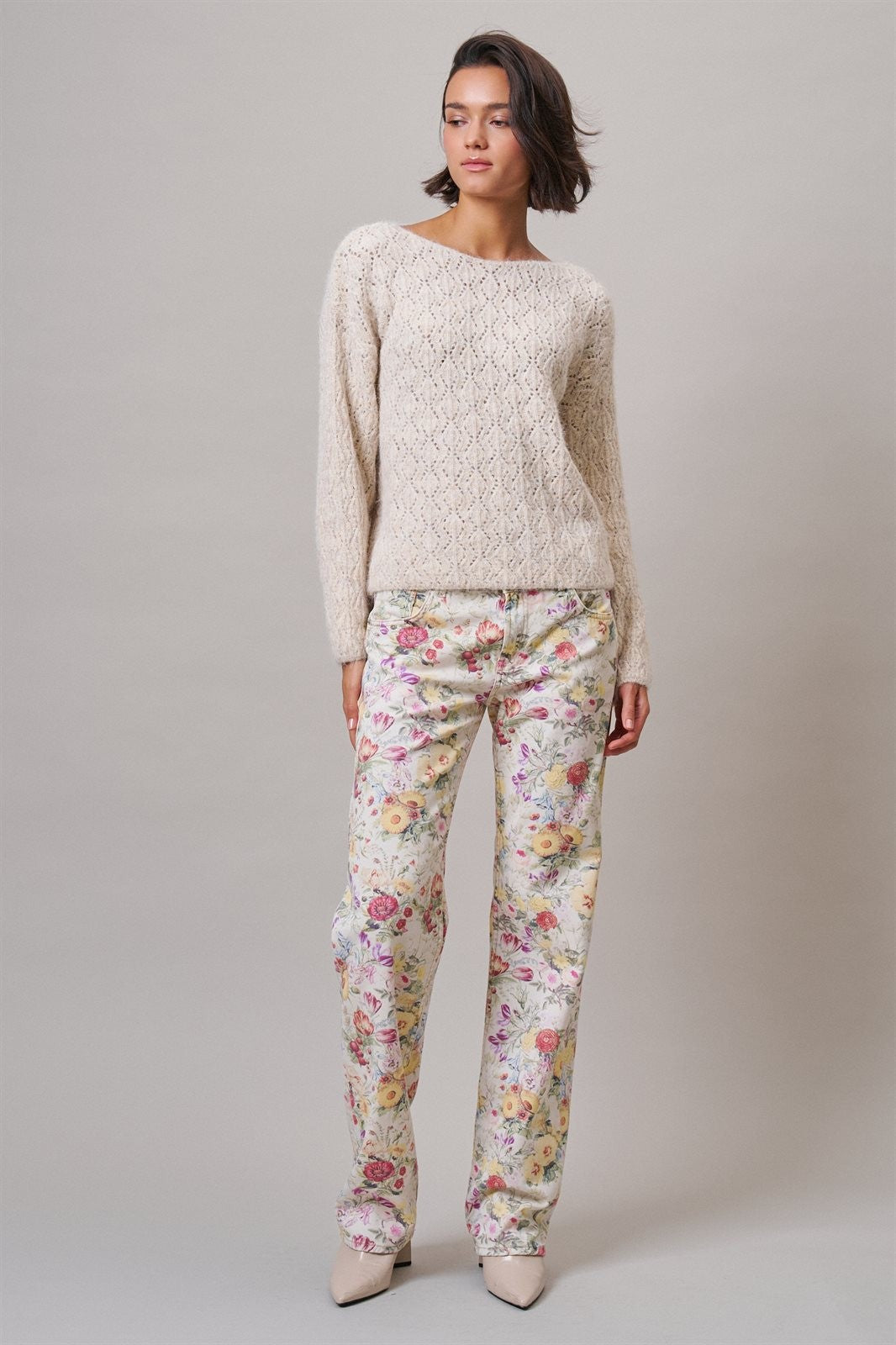 Floral Print Straight Leg Casual Pants in IVORY MULTI - Women's Casual Pants | Urban Daizy
