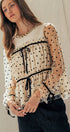 Urban Daizy Polka Dot Mesh Babydoll Top Velvet Bow Tie Ivory-Black Blouse - Women's (UDZ-TP-01052) – alternate view 4