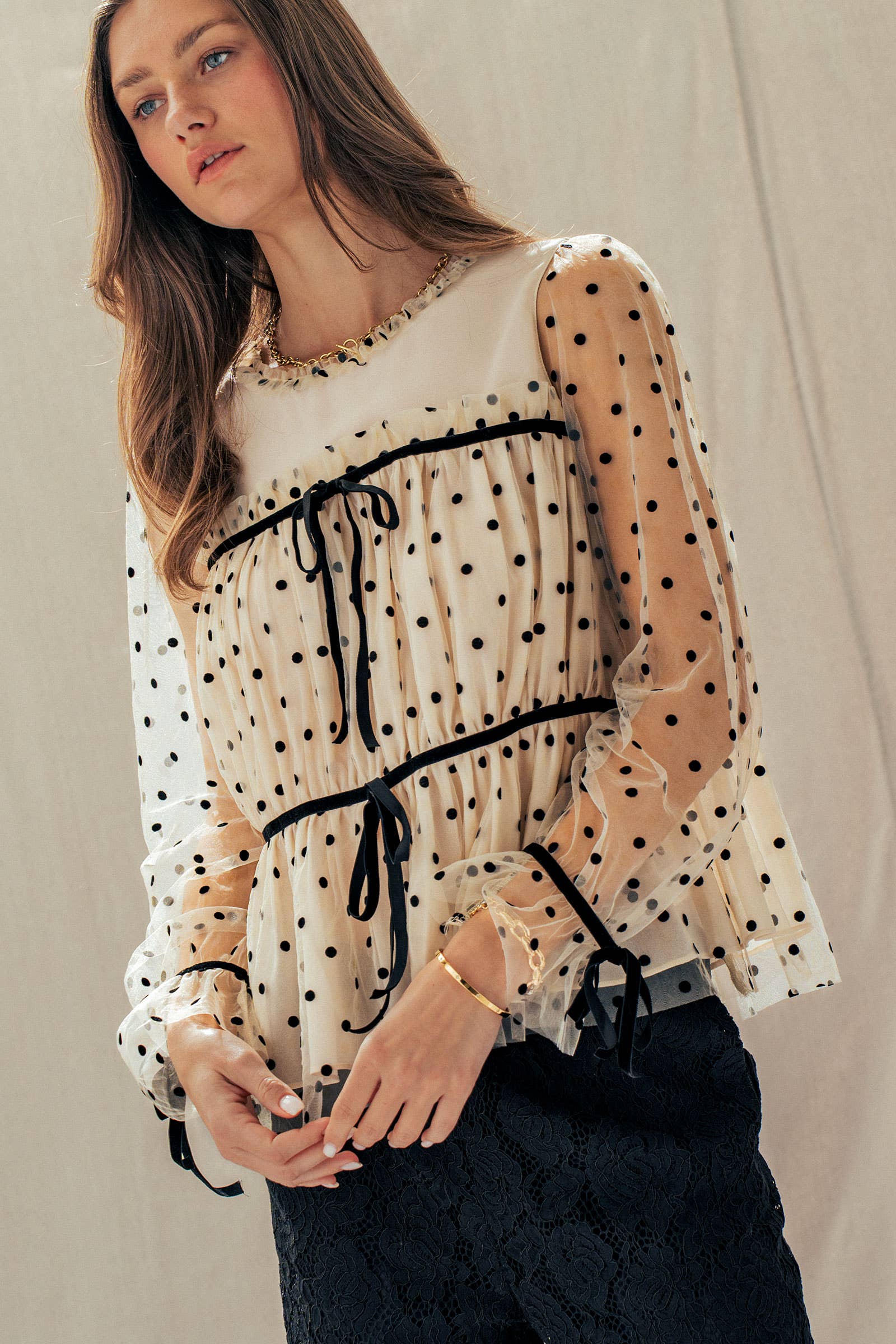 Urban Daizy Polka Dot Mesh Babydoll Top Velvet Bow Tie Ivory-Black Blouse - Women's (UDZ-TP-01052) – alternate view 4