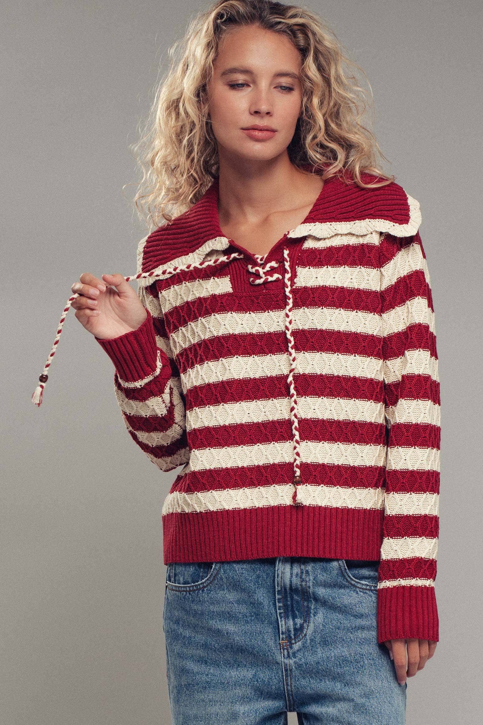 Lace-Up Cable Knit Striped Sweater Top
